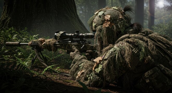 Camouflaged sniper with precision rifle concealed in dense forest environment read