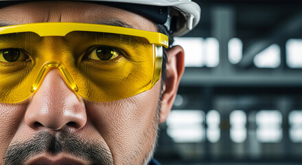 Male industrial worker wearing bright yellow wraparound safety glasses and white hard hat portrait