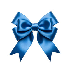 A vibrant blue satin ribbon bow, perfectly tied, isolated on a clean white background, often used for gifts or decoration.