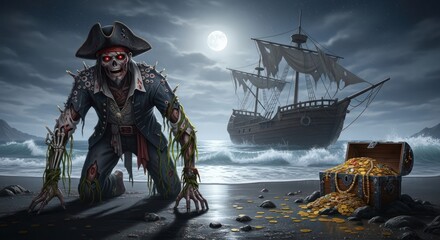 Undead pirate crawling on the beach with a treasure chest in a moonlit spooky night