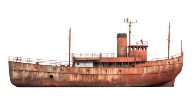 Rusty Derelict Ship Isolated. Weathered Maritime Vessel on transparent background png