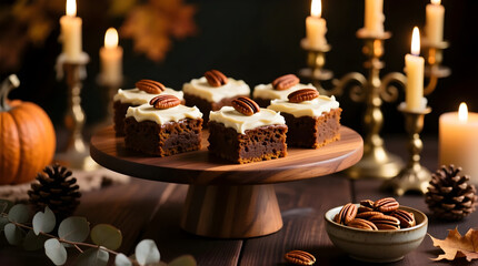 Delicious pecan pie brownies on a wooden cake stand surrounded by candles, pumpkins, pine cones, and autumn leaves creating a cozy and festive fall atmosphere