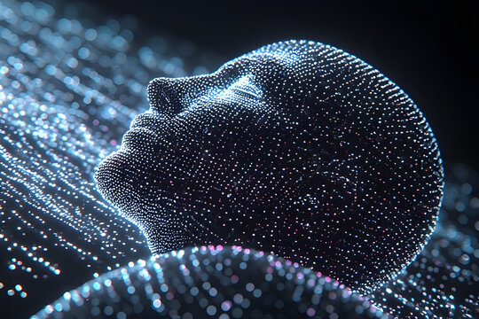 Abstract digital head formed by glowing particles, representing artificial intelligence, data, and consciousness in a futuristic, high-tech world.