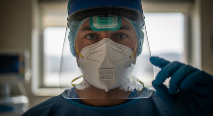 Medical professional wearing transparent face shield with N95 respirator mask and blue surgical cap portrait