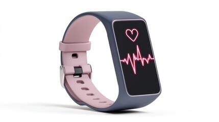 A smartwatch with a heart rate monitor and a pink strap, displaying a heart rate graph on its screen.