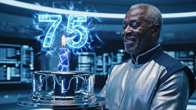 male man happy birthday | A joyful elderly man in a futuristic silver outfit celebrates a 75th birthday with a glowing cake topped by an electric number, exuding excitement and wonder