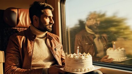 male man happy birthday | A man wearing a leather jacket sits by a window on a train, holding a decorated birthday cake with a candle, reflecting on his special moment