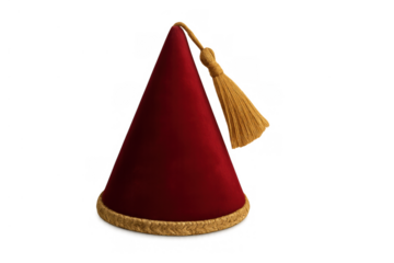 Red fez hat with golden tassel and trim, representing oriental, traditional, and costume headwear on transparent background