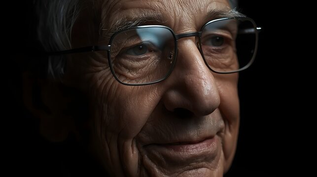 Expressive close-up portrait of an elderly man with deep facial detail and thoughtful expression, illuminated by soft directional light against a dark backdrop, highlighting wisdom, texture, and emoti - Powered by Adobe