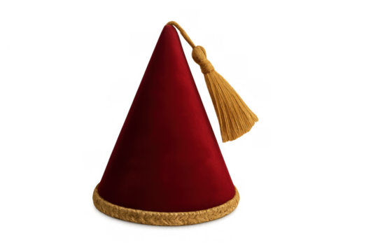 Red fez hat with golden tassel and trim, representing oriental, traditional, and costume headwear on transparent background
