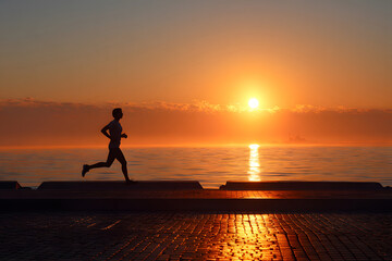 Morning runner on a shoreline path during sunrise reflecting on the water