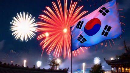 South Korean Flag Waving Against Vibrant Fireworks Display.