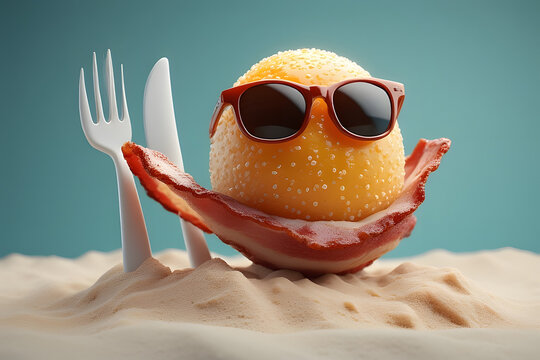 A whimsical and humorous food concept featuring a sesame bun character wearing sunglasses, relaxing on a crispy bacon 'raft' on a sandy beach, with a fork and knife set for a playful summer meal.