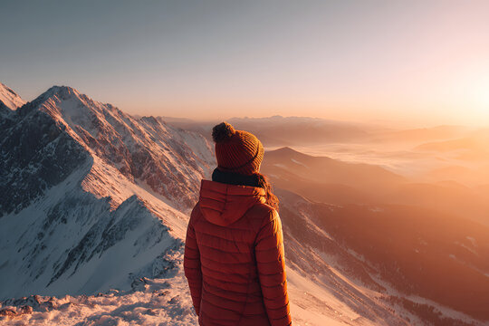 Mountain sunset view with hiker standing on rocky peak overlooking valley scene