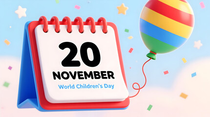 Celebrate world childrens day on november 20th with a colorful calendar, balloon, and confetti, symbolizing joy, unity, and the importance of childhood