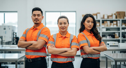 Three Asian warehouse workers in orange high visibility polo shirts with reflective stripes standing confidently
