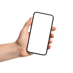 A hand holding a modern smartphone with a blank white screen, isolated on a white background.