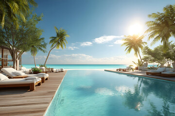 Relaxing at a beautiful tropical poolside resort during a calm afternoon under clear blue skies