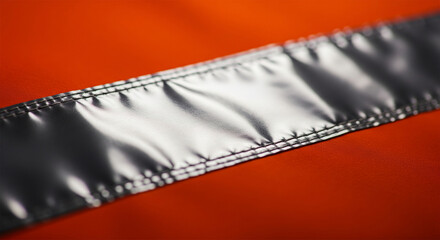 Close-up macro of orange high visibility safety vest with silver reflective tape stripe detail