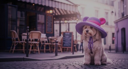 Street photography of a dog in a cute and fluffy hat