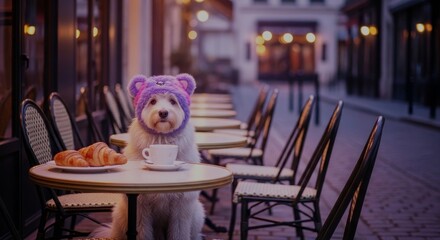 Street photography of a dog in a cute and fluffy hat