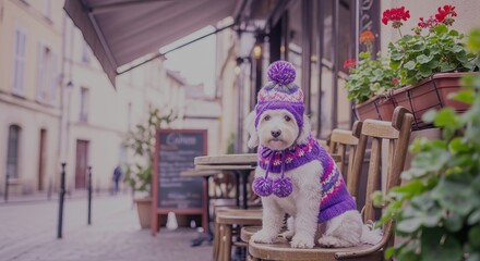 Street photography of a dog in a cute and fluffy hat