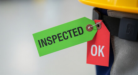 Green inspected tag and red OK tag attached to yellow hard hat for safety equipment inspection tracking