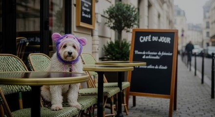 Street photography of a dog in a cute and fluffy hat
