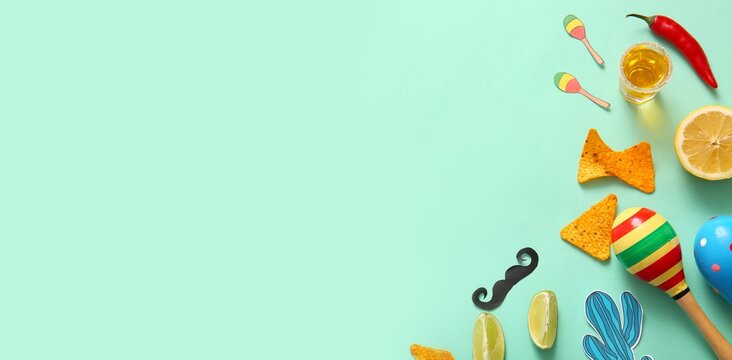 Different Mexican symbols on turquoise background with space for text