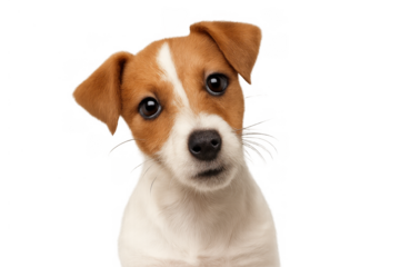 Cute jack russell puppy tilting head, looking at the camera with a curious expression. Transparent background for easy use