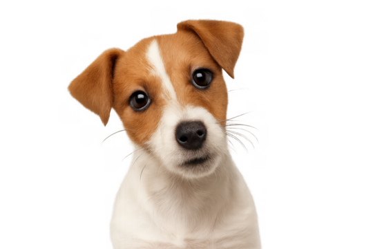 Cute jack russell puppy tilting head, looking at the camera with a curious expression. Transparent background for easy use