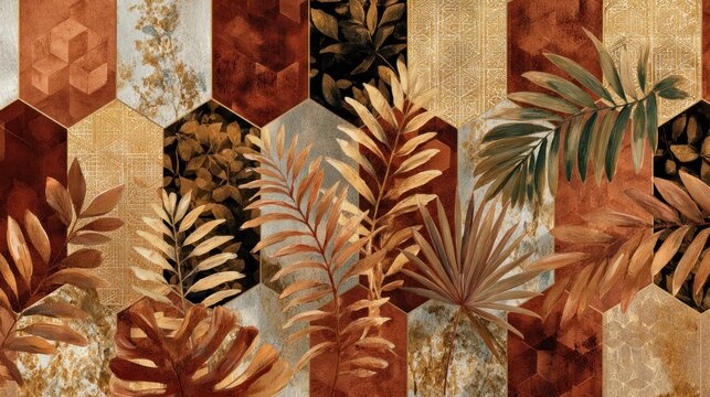 A collage of geometric shapes and botanical elements, featuring a mix of earthy tones and metallic textures, set against a neutral background.