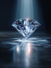 Sparkling light round brilliant cut diamond with shadow and glowing lens flares. 3D rendering illustration isolated on white background