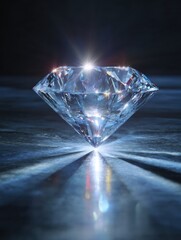 Sparkling light round brilliant cut diamond with shadow and glowing lens flares. 3D rendering illustration isolated on white background