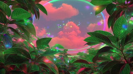 Generative AI, Vibrant Surreal Foliage Against Neon Red Sky and Clouds, Fantasy Botanical Scene with Glowing Rainbow Effects