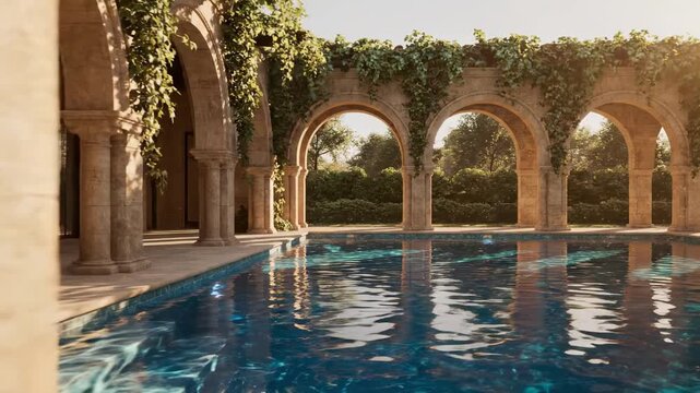 background pool | A serene poolside scene showcases elegant arches bathed in warm sunlight, surrounded by lush greenery, creating a tranquil atmosphere of relaxation and luxury