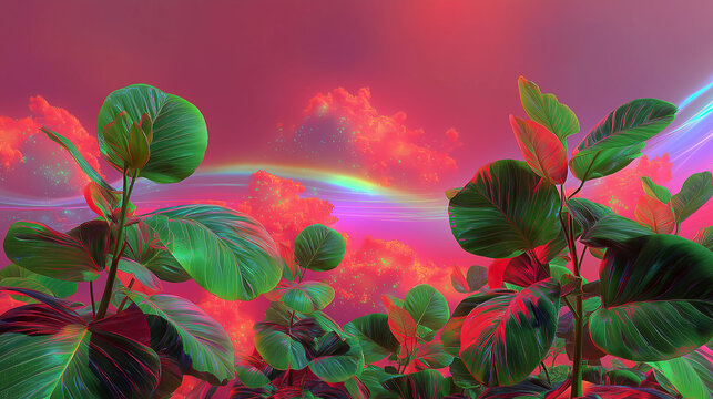 Generative AI, Vibrant Surreal Foliage Against Neon Red Sky and Clouds, Fantasy Botanical Scene with Glowing Rainbow Effects