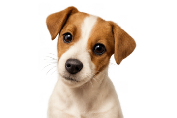 Jack russell terrier puppy tilting head with inquiring expression on transparent background
