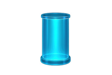 Blue glowing glass cylinder display stand with empty transparent capsule for product presentation or futuristic design