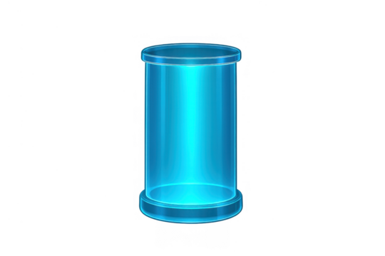 Blue glowing glass cylinder display stand with empty transparent capsule for product presentation or futuristic design