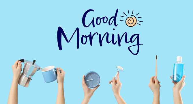 Female hands with coffee, alarm clock, facial massage tool and toothbrush on blue background. Good morning concept