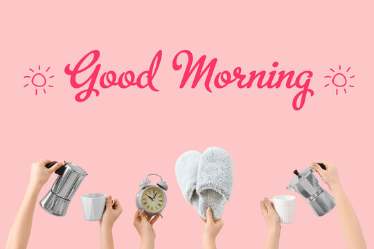 Female hands with slippers, coffee makers and cups on pink background. Good morning concept