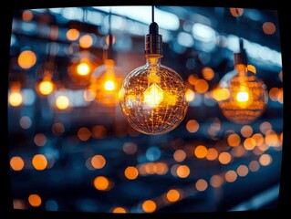 Close-up of vintage Edison light bulbs with glowing filaments and intricate wire details, set against a blurred background of warm bokeh lights.