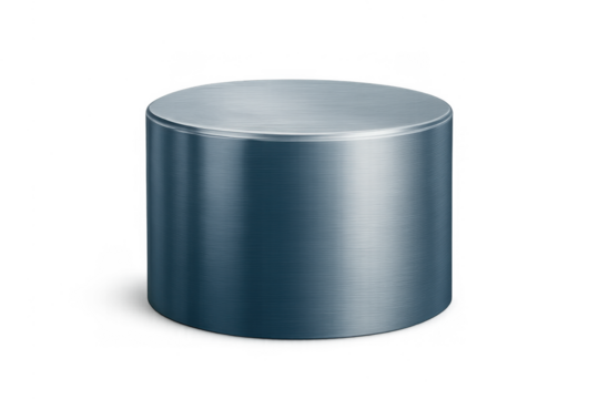 Metal cylinder podium showcasing product placement on a silver brushed steel pedestal with transparent background