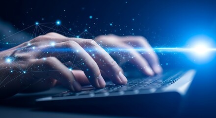 Close up of hands typing on a keyboard with glowing digital particles and a bright blue light beam emanating from the screen