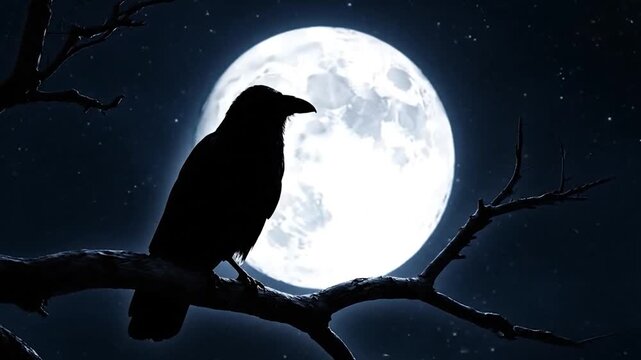 A silhouette of a raven perched on a branch, illuminated by a full moon in a starry night sky