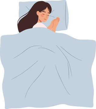 Illustration of a woman sleeping peacefully in bed with a pillow under her head and a blanket covering her body against a clean white background.