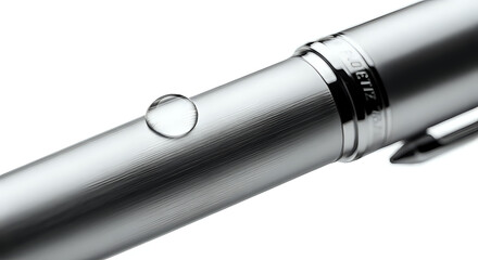 Elegant silver pen with a single pristine water droplet showcasing luxury writing and quality craftsmanship, perfect for creative professionals and discerning clients