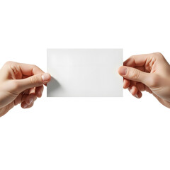 Two human hands holding a blank white rectangular card on an isolated white background.