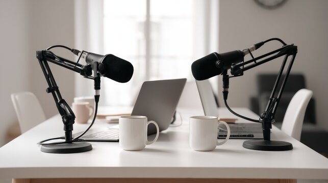 Two microphones, one black and one silver, are positioned on a white table in a spacious room with large windows and a white couch in the background.  - Powered by Adobe